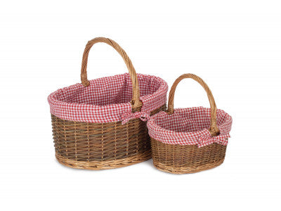 Basket, Set of 2 COUNTRY OVAL SHOPPER with RED & WHITE CHECKED LINING 