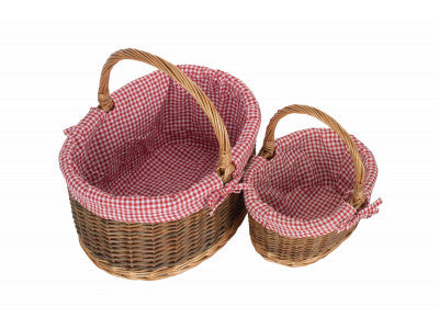 Basket, Set of 2 COUNTRY OVAL SHOPPER with RED & WHITE CHECKED LINING 