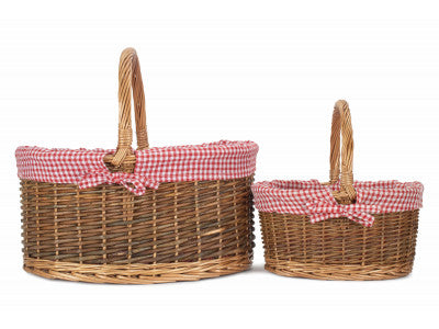Basket, Set of 2 COUNTRY OVAL SHOPPER with RED & WHITE CHECKED LINING 