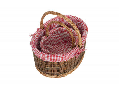 Basket, Set of 2 COUNTRY OVAL SHOPPER with RED & WHITE CHECKED LINING 