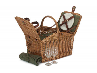 Basket, 2 PERSON GREEN TWEED DOUBLE LIDDED HAMPER