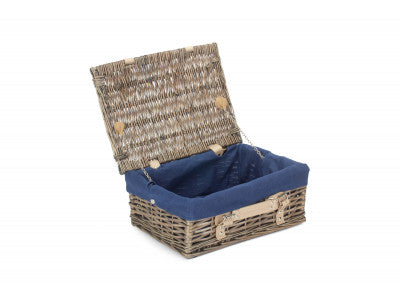 "Basket, 14" ANTIQUE WASH SPLIT WILLOW HAMPER with NAVY BLUE LINING"