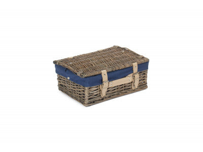 "Basket, 14" ANTIQUE WASH SPLIT WILLOW HAMPER with NAVY BLUE LINING"