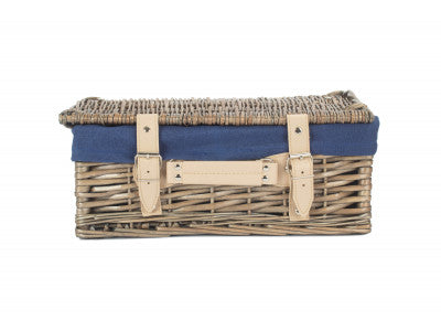 "Basket, 14" ANTIQUE WASH SPLIT WILLOW HAMPER with NAVY BLUE LINING"