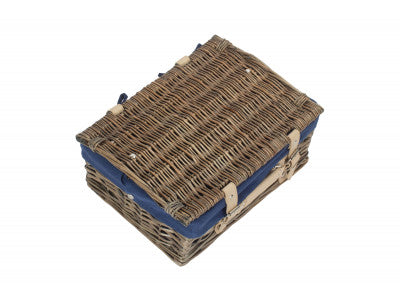 "Basket, 14" ANTIQUE WASH SPLIT WILLOW HAMPER with NAVY BLUE LINING"