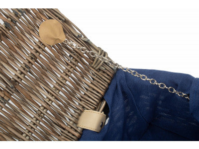 "Basket, 14" ANTIQUE WASH SPLIT WILLOW HAMPER with NAVY BLUE LINING"