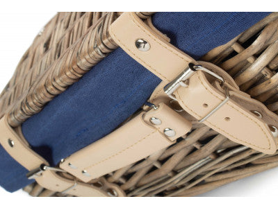 "Basket, 14" ANTIQUE WASH SPLIT WILLOW HAMPER with NAVY BLUE LINING"