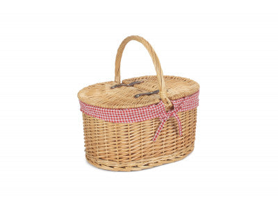 Basket, OVAL LIDDED HAMPER with RED & WHITE CHECKED LINING