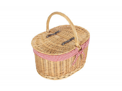 Basket, OVAL LIDDED HAMPER with RED & WHITE CHECKED LINING