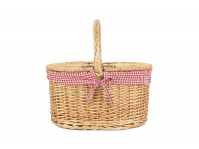Basket, OVAL LIDDED HAMPER with RED & WHITE CHECKED LINING