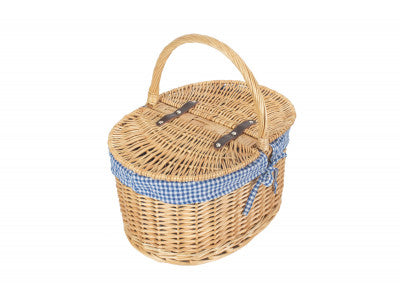 Basket, OVAL LIDDED HAMPER with BLUE & WHITE CHECKED LINING