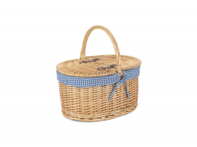 Basket, OVAL LIDDED HAMPER with BLUE & WHITE CHECKED LINING
