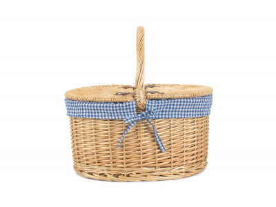 Basket, OVAL LIDDED HAMPER with BLUE & WHITE CHECKED LINING