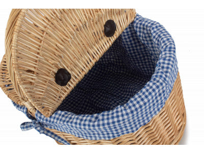 Basket, OVAL LIDDED HAMPER with BLUE & WHITE CHECKED LINING