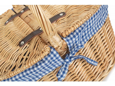 Basket, OVAL LIDDED HAMPER with BLUE & WHITE CHECKED LINING