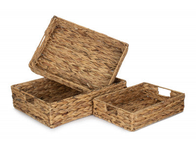 Basket, Set of 3 SHALLOW RECTANGULAR WATER HYACINTH STORAGE BASKETS 