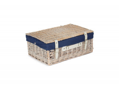 "Basket, 18" WHITE HAMPER with NAVY BLUE LINING"