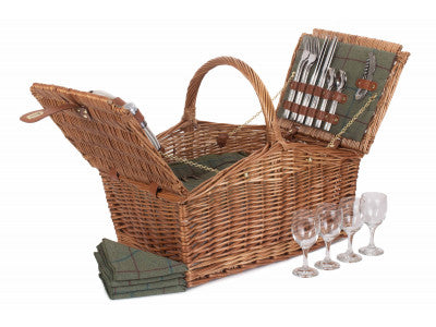 Basket, 4 PERSON GREEN TWEED DOUBLE LID HAMPER