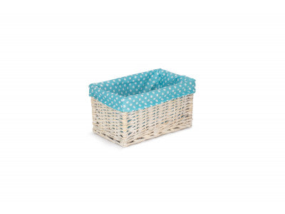 Basket, SMALL WHITE WASH STORAGE BASKET with BLUE SPOTTY LINING