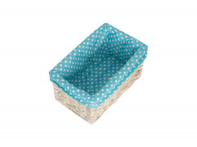 Basket, SMALL WHITE WASH STORAGE BASKET with BLUE SPOTTY LINING