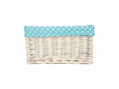 Basket, SMALL WHITE WASH STORAGE BASKET with BLUE SPOTTY LINING