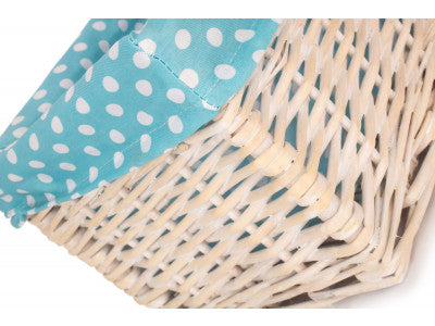 Basket, SMALL WHITE WASH STORAGE BASKET with BLUE SPOTTY LINING