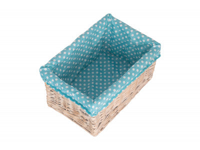 Basket, MEDIUM WHITE WASH STORAGE BASKET with BLUE SPOTTY LINING
