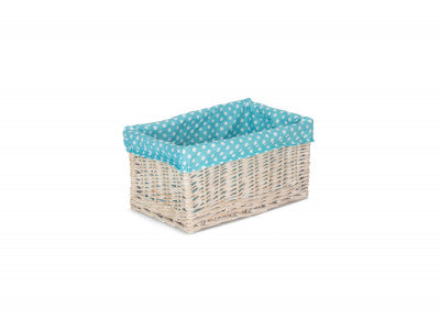 Basket, MEDIUM WHITE WASH STORAGE BASKET with BLUE SPOTTY LINING