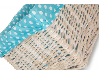 Basket, MEDIUM WHITE WASH STORAGE BASKET with BLUE SPOTTY LINING