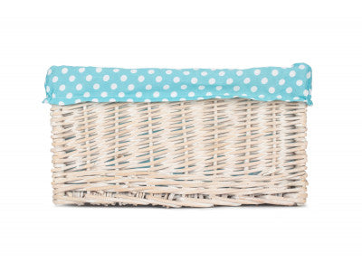 Basket, MEDIUM WHITE WASH STORAGE BASKET with BLUE SPOTTY LINING