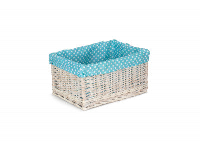 Basket, LARGE WHITE WASH STORAGE BASKET with BLUE SPOTTY LINING