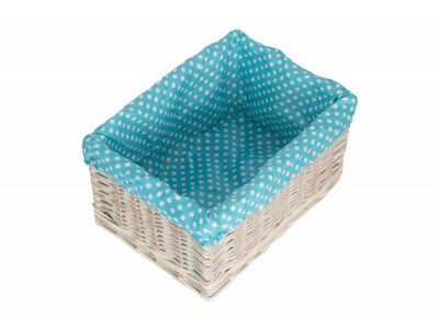 Basket, LARGE WHITE WASH STORAGE BASKET with BLUE SPOTTY LINING