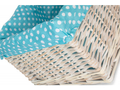Basket, LARGE WHITE WASH STORAGE BASKET with BLUE SPOTTY LINING
