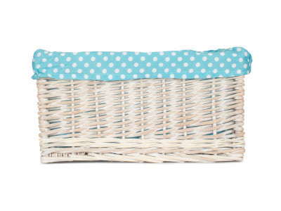 Basket, LARGE WHITE WASH STORAGE BASKET with BLUE SPOTTY LINING