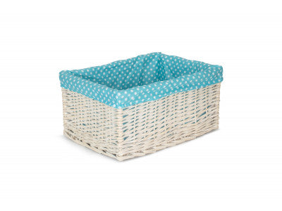 Basket, EXTRA LARGE WHITE WASH STORAGE BASKET with BLUE SPOTTY LINING