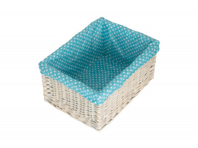 Basket, EXTRA LARGE WHITE WASH STORAGE BASKET with BLUE SPOTTY LINING