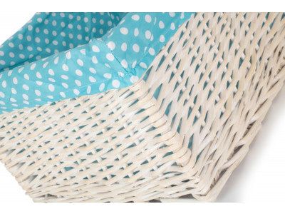 Basket, EXTRA LARGE WHITE WASH STORAGE BASKET with BLUE SPOTTY LINING