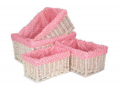 Basket, Set of 4 WHITE WASH STORAGE BASKETS with PINK SPOTTY LINING 
