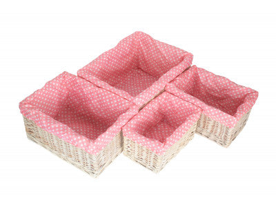Basket, Set of 4 WHITE WASH STORAGE BASKETS with PINK SPOTTY LINING 