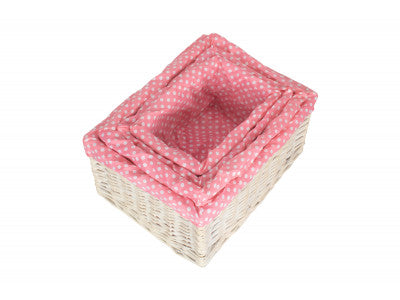 Basket, Set of 4 WHITE WASH STORAGE BASKETS with PINK SPOTTY LINING 