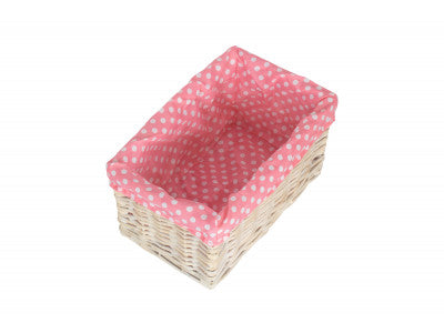 Basket, SMALL WHITE WASH STORAGE BASKET with PINK SPOTTY LINING