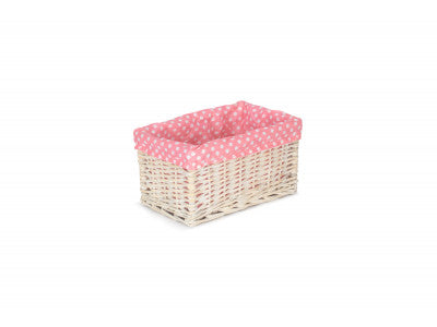 Basket, SMALL WHITE WASH STORAGE BASKET with PINK SPOTTY LINING