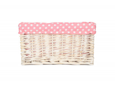 Basket, SMALL WHITE WASH STORAGE BASKET with PINK SPOTTY LINING