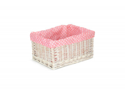 Basket, LARGE WHITE WASH STORAGE BASKET with PINK SPOTTY LINING