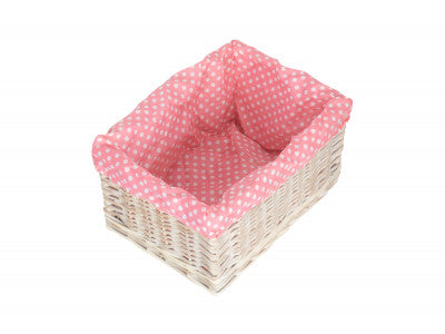 Basket, LARGE WHITE WASH STORAGE BASKET with PINK SPOTTY LINING