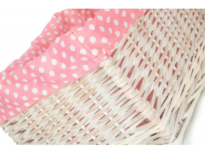 Basket, LARGE WHITE WASH STORAGE BASKET with PINK SPOTTY LINING
