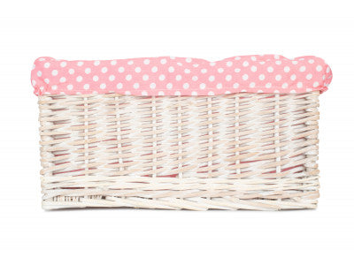 Basket, LARGE WHITE WASH STORAGE BASKET with PINK SPOTTY LINING