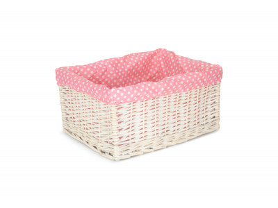Basket, EXTRA LARGE WHITE WASH STORAGE BASKET with PINK SPOTTY LINING