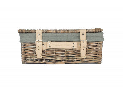 "Basket, 14" ANTIQUE WASH SPLIT WILLOW HAMPER with GREY SAGE LINING"