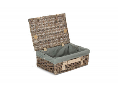 "Basket, 14" ANTIQUE WASH SPLIT WILLOW HAMPER with GREY SAGE LINING"
